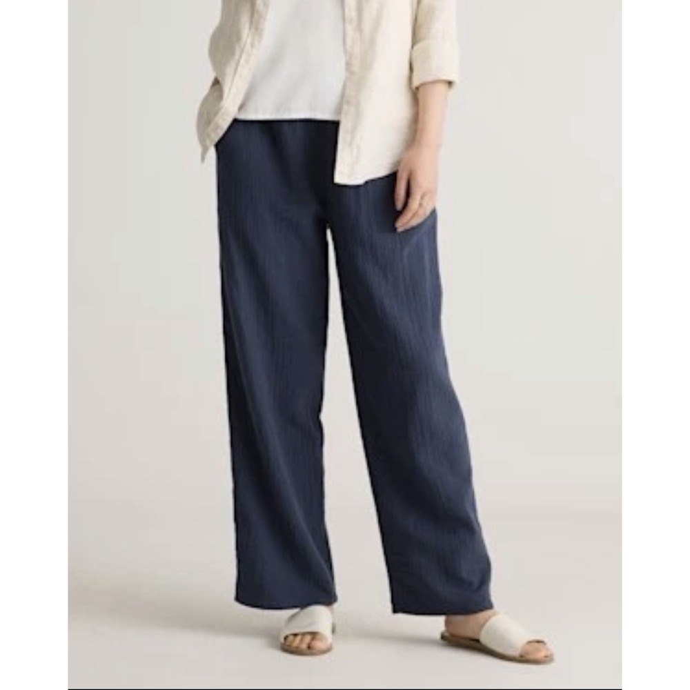Quince Pants Organic Cotton Gauze Straight Leg Blue Drawstring Pockets Coastal